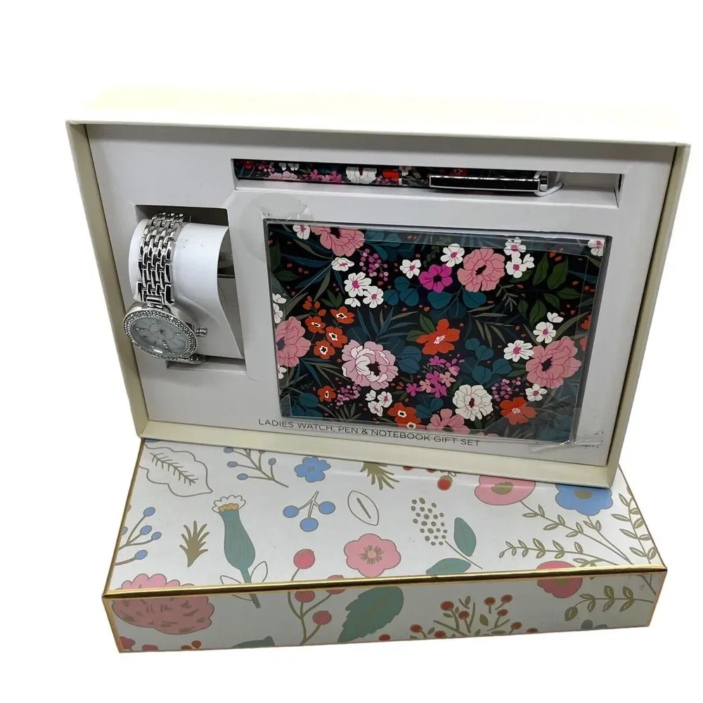 Gift Set Watch Notebook Pen Floral Women In Box Untested Pink Green Silver Tone